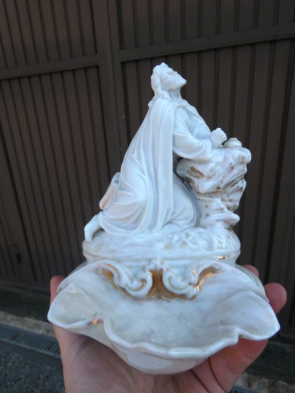 Antique  Bisque porcelain french holy water font jesus praying Statue religious