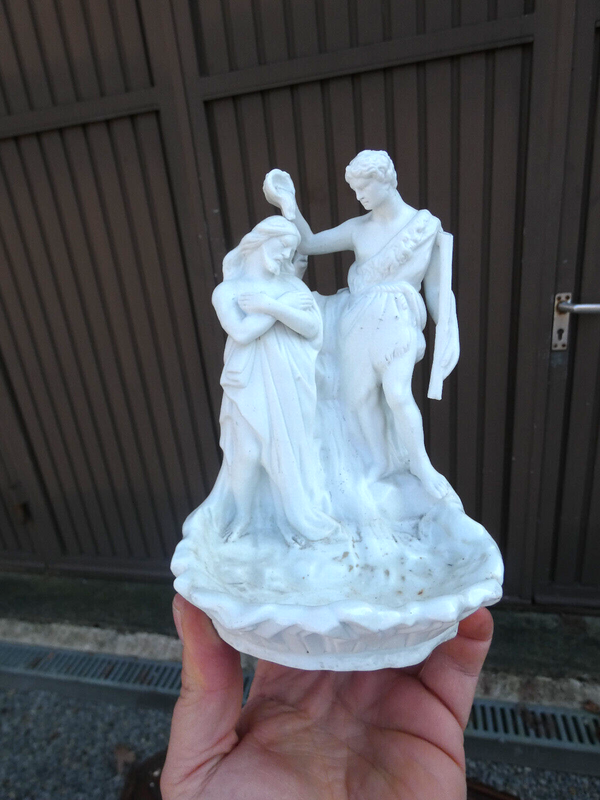 Antique  Bisque porcelain french holy water font Baptism Jesus Statue religious