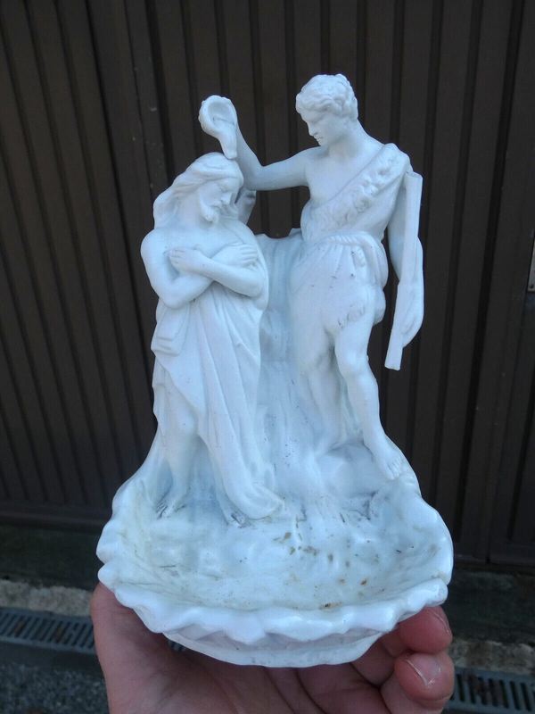 Antique  Bisque porcelain french holy water font Baptism Jesus Statue religious