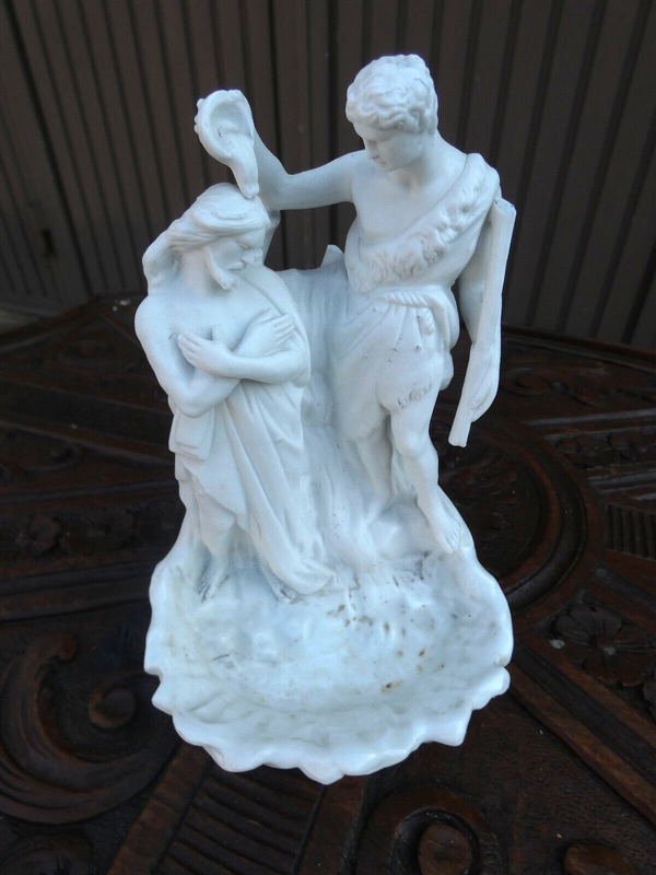 Antique  Bisque porcelain french holy water font Baptism Jesus Statue religious