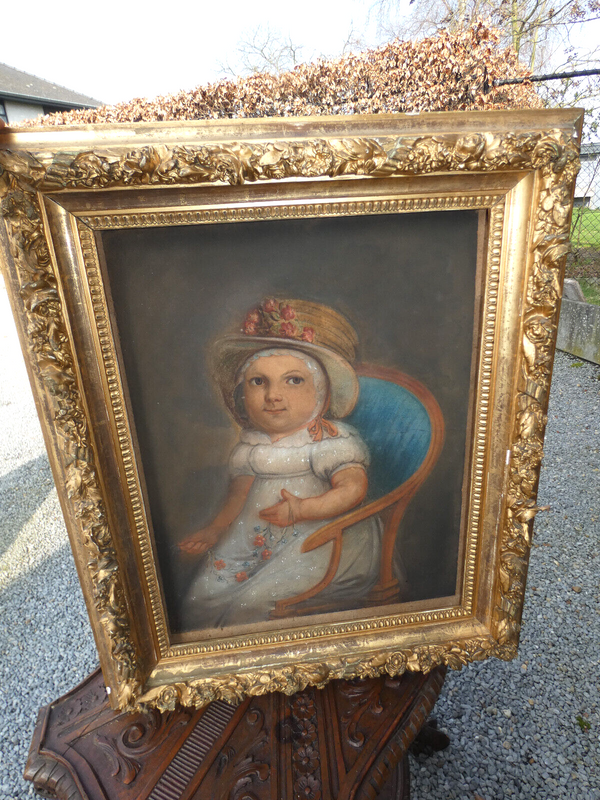 Antique Pastel Painting on paper young girl 19thc