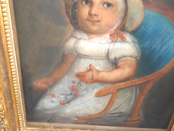 Antique Pastel Painting on paper young girl 19thc