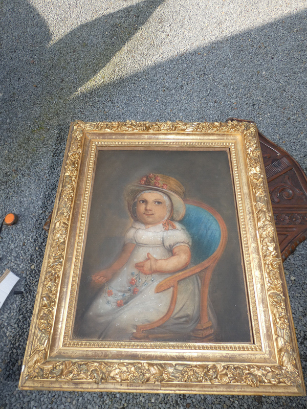 Antique Pastel Painting on paper young girl 19thc