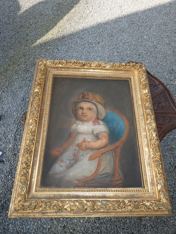 Antique Pastel Painting on paper young girl 19thc