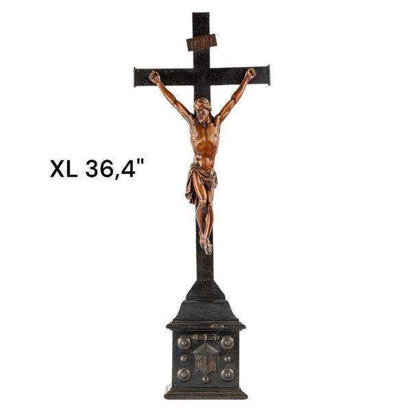 Antique XL 36,4" Wood carved church altar crucifix christ rare