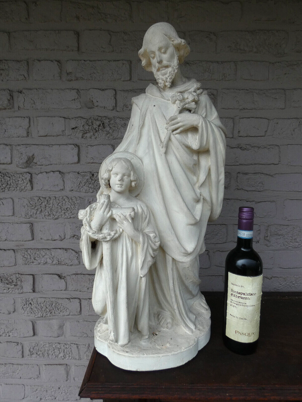 Antique XL Chalk saint joseph jesus Statue signed PArentani Religious