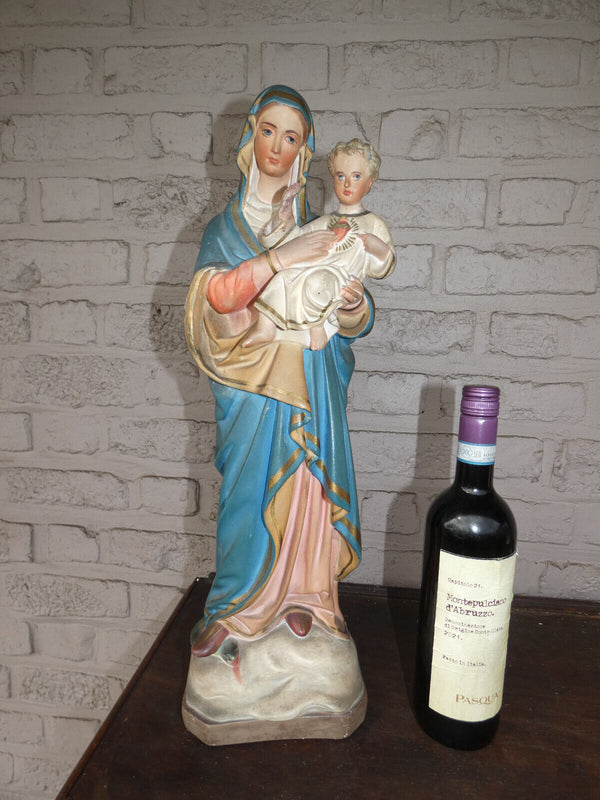 Antique french chalkware large Madonna child statue