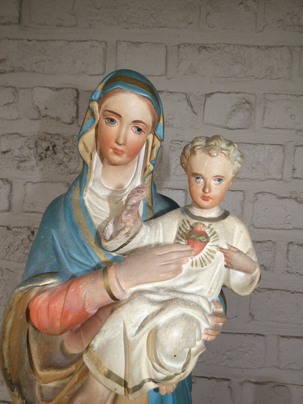 Antique french chalkware large Madonna child statue