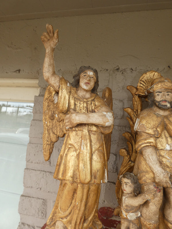 Antique 18thc  wood carved gold stuc Saint roch Angels console wall statue