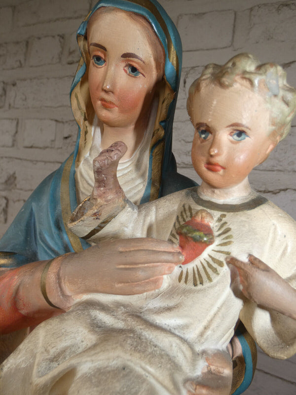 Antique french chalkware large Madonna child statue