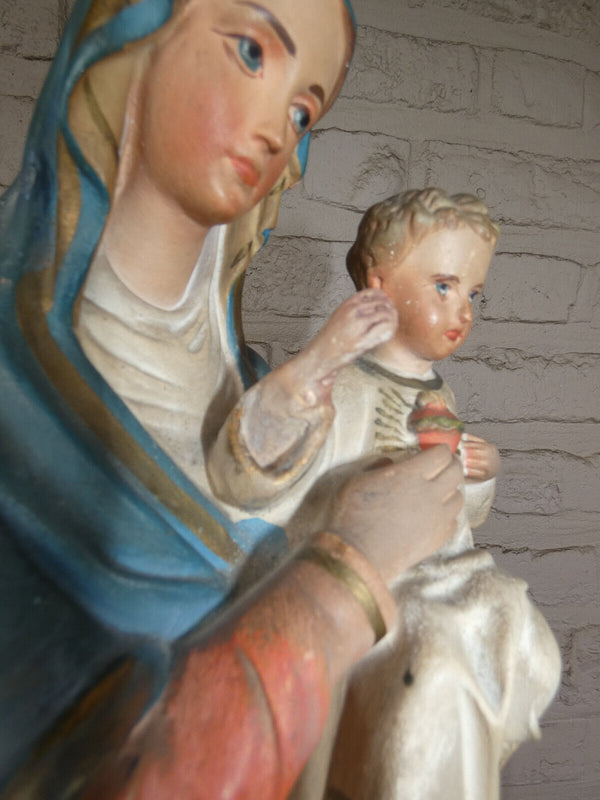 Antique french chalkware large Madonna child statue