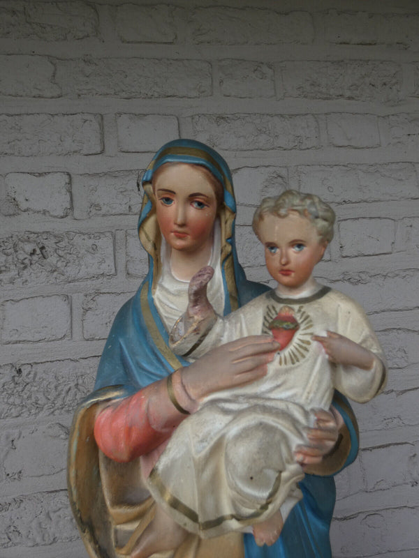 Antique french chalkware large Madonna child statue