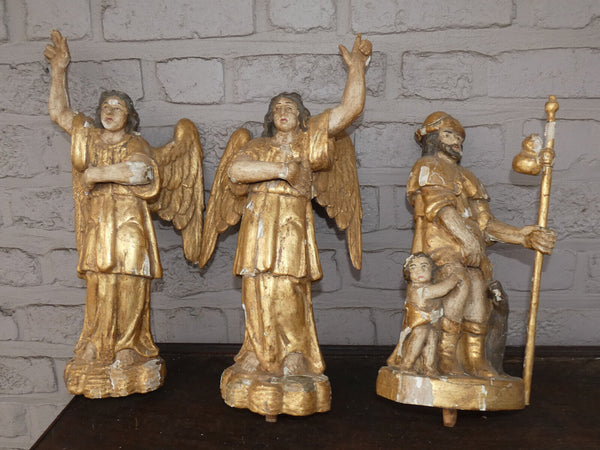 Antique 18thc  wood carved gold stuc Saint roch Angels console wall statue