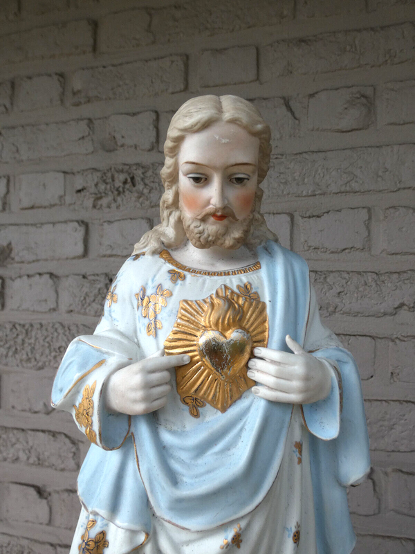 Antique German bisque porcelain sacred heart jesus statue