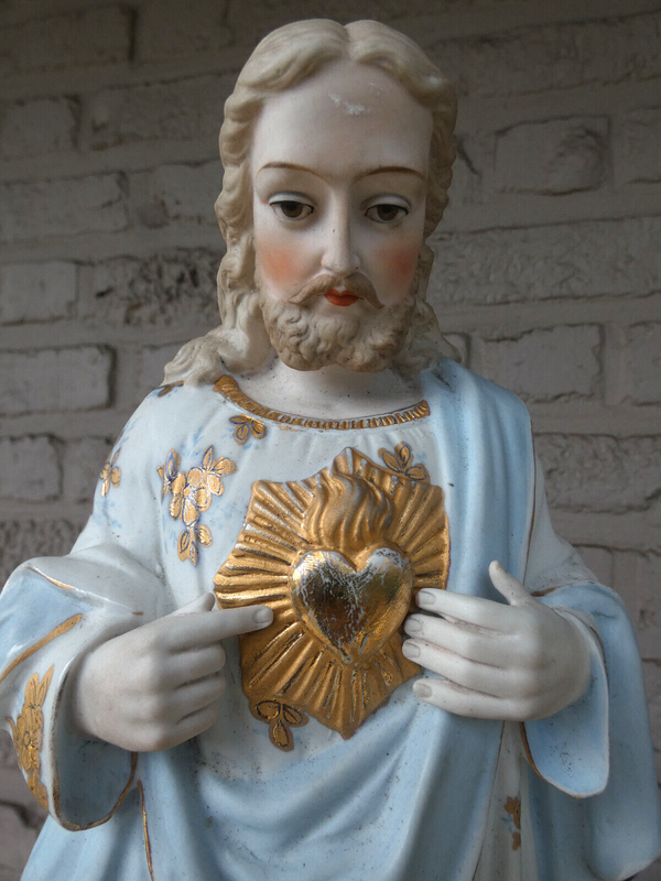 Antique German bisque porcelain sacred heart jesus statue