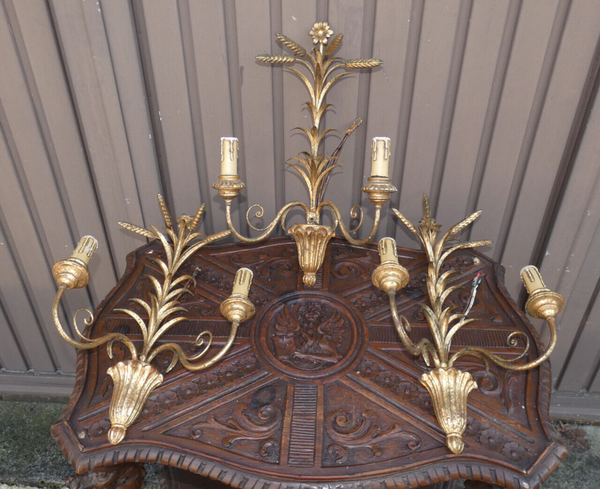 Set 3 Antique Wood & metal gold gilt Wall lights sconces floral wheat sheaf