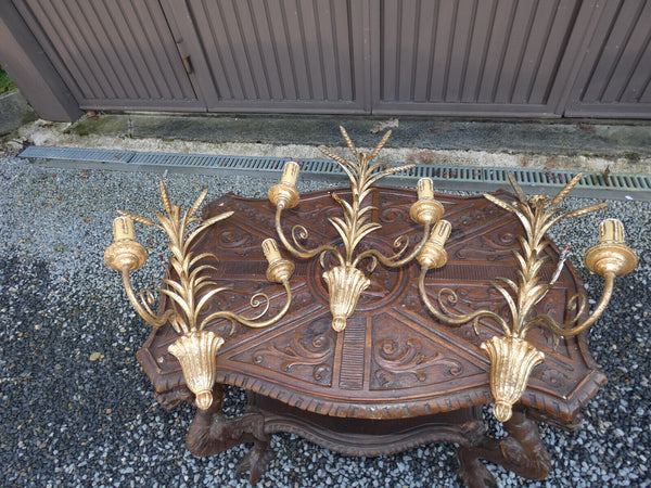 Set 3 Antique Wood & metal gold gilt Wall lights sconces floral wheat sheaf