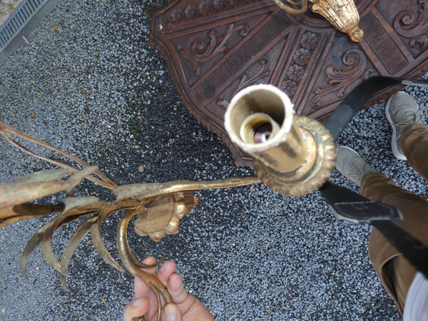 Set 3 Antique Wood & metal gold gilt Wall lights sconces floral wheat sheaf