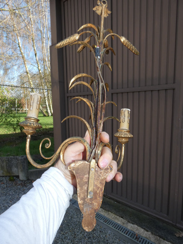 Set 3 Antique Wood & metal gold gilt Wall lights sconces floral wheat sheaf