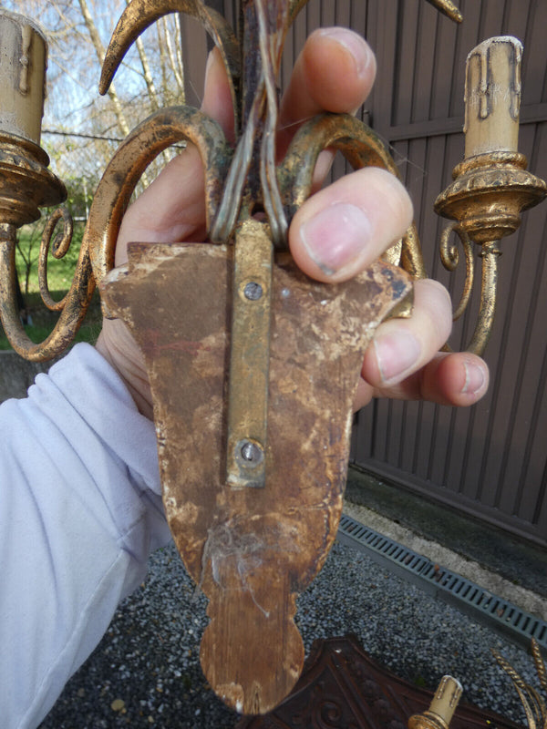 Set 3 Antique Wood & metal gold gilt Wall lights sconces floral wheat sheaf