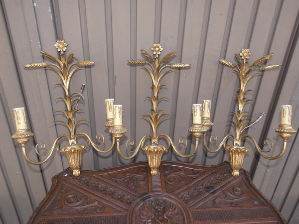 Set 3 Antique Wood & metal gold gilt Wall lights sconces floral wheat sheaf