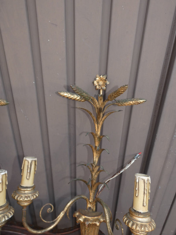 Set 3 Antique Wood & metal gold gilt Wall lights sconces floral wheat sheaf