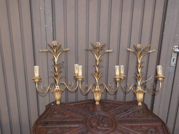 Set 3 Antique Wood & metal gold gilt Wall lights sconces floral wheat sheaf