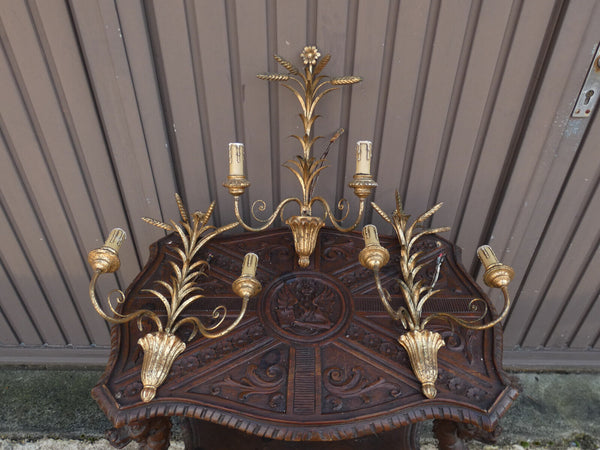 Set 3 Antique Wood & metal gold gilt Wall lights sconces floral wheat sheaf