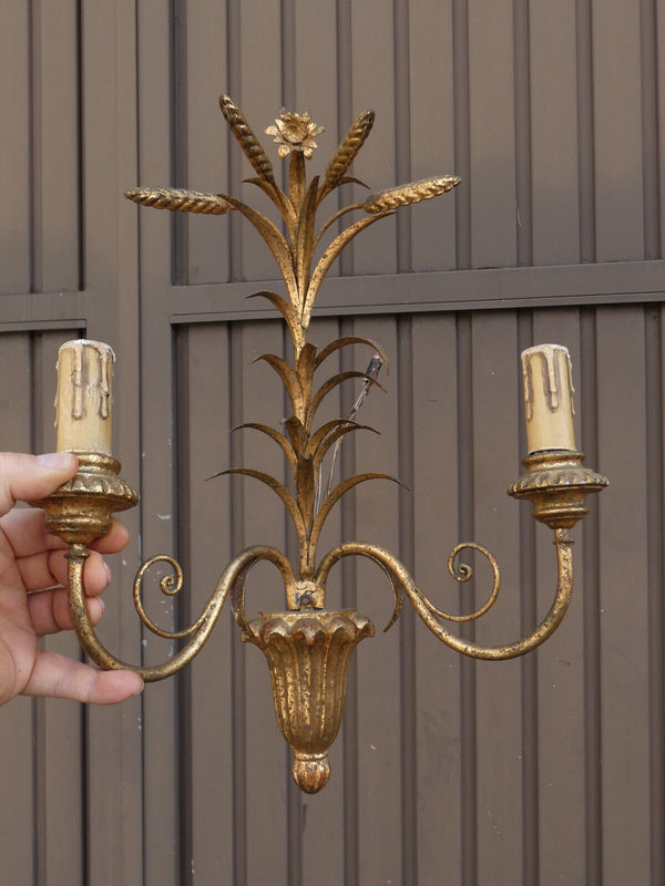 Set 3 Antique Wood & metal gold gilt Wall lights sconces floral wheat sheaf