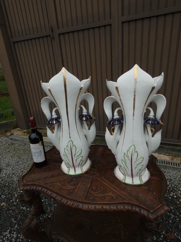 Antique pair XL vieux paris porcelain hand paint floral vases 19thc  rare