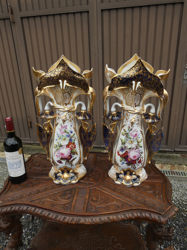 Antique pair XL vieux paris porcelain hand paint floral vases 19thc  rare