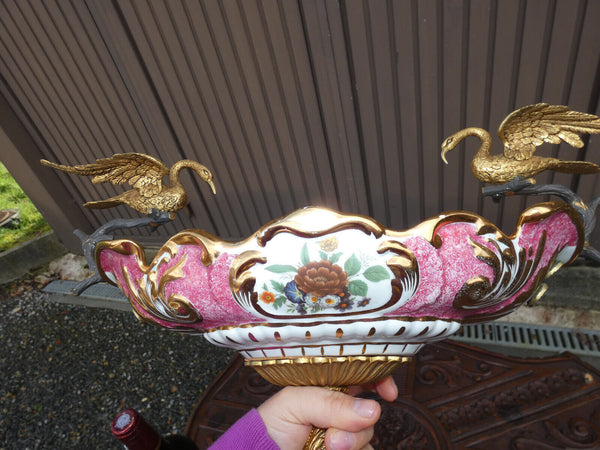 Vintage XL Spanish porcelain bronze birds Centerpiece vase bowl floral