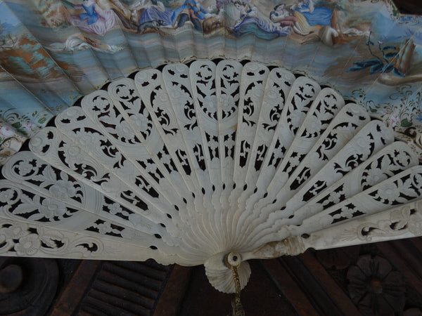 Antique FRENCH HAND PAINTED paper FAN  1800s romantic