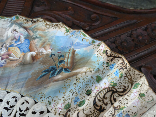 Antique FRENCH HAND PAINTED paper FAN  1800s romantic