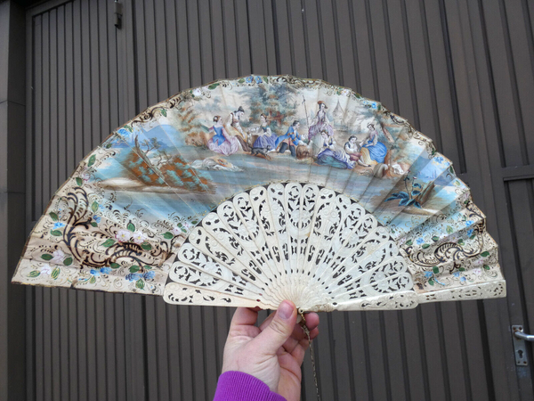 Antique FRENCH HAND PAINTED paper FAN  1800s romantic