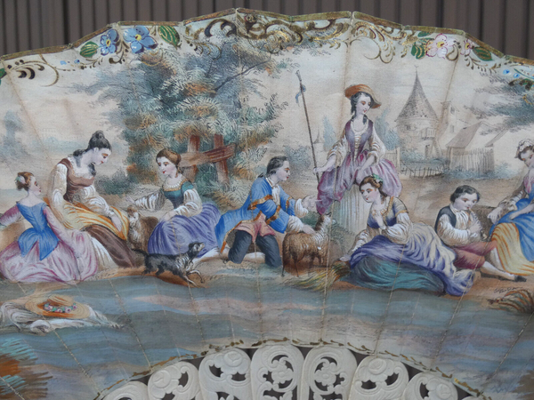 Antique FRENCH HAND PAINTED paper FAN  1800s romantic