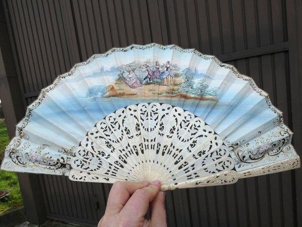 Antique FRENCH HAND PAINTED paper FAN  1800s romantic