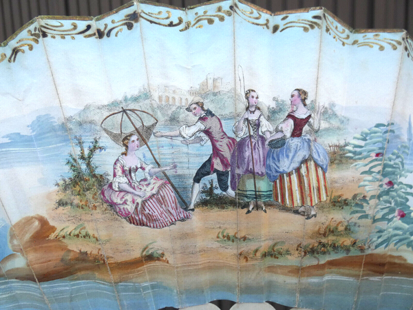 Antique FRENCH HAND PAINTED paper FAN  1800s romantic