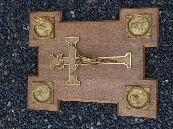 Antique Rare Religious wood plaque bronze crucifix 4 evangelist portraits